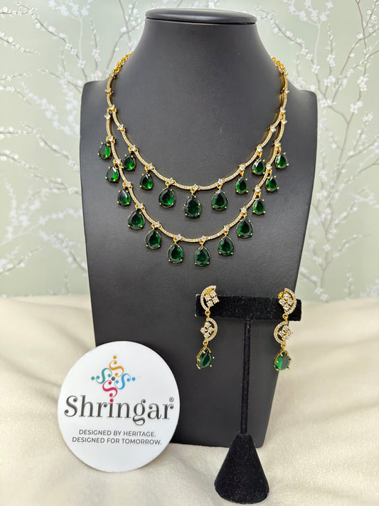 Emerald 2 Layered Necklace Earrings Set