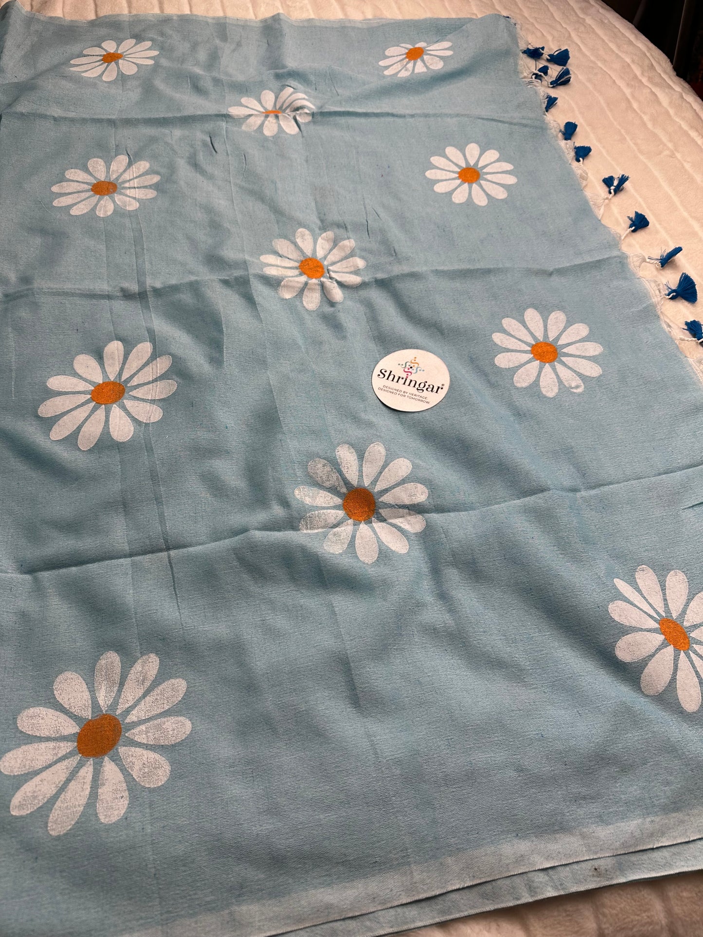 Flower Cotton Linen Saree-Blue