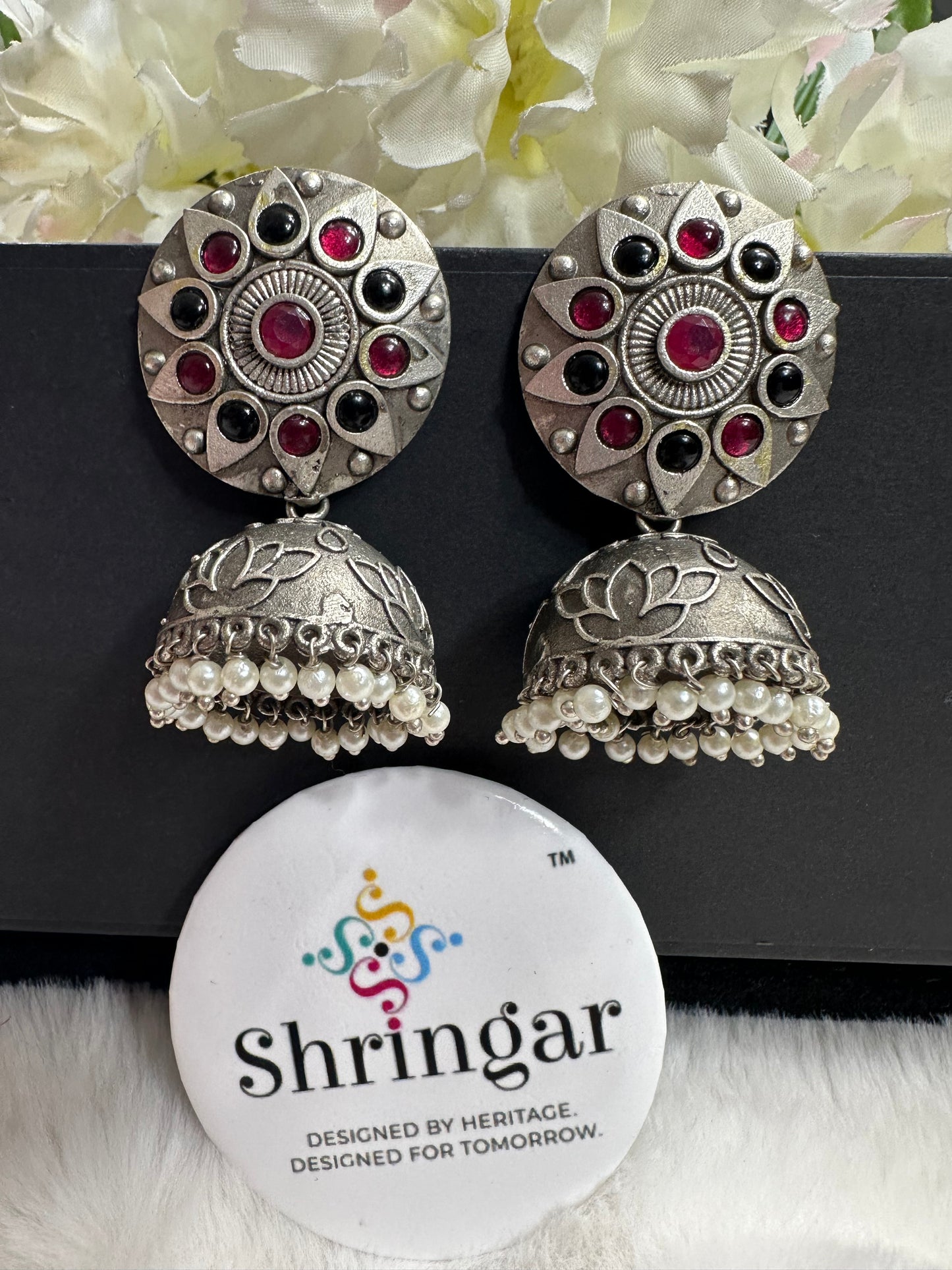 Oxidized Silver Jhumki- red and black