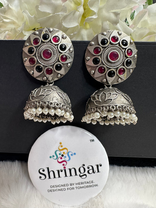 Oxidized Silver Jhumki- red and black