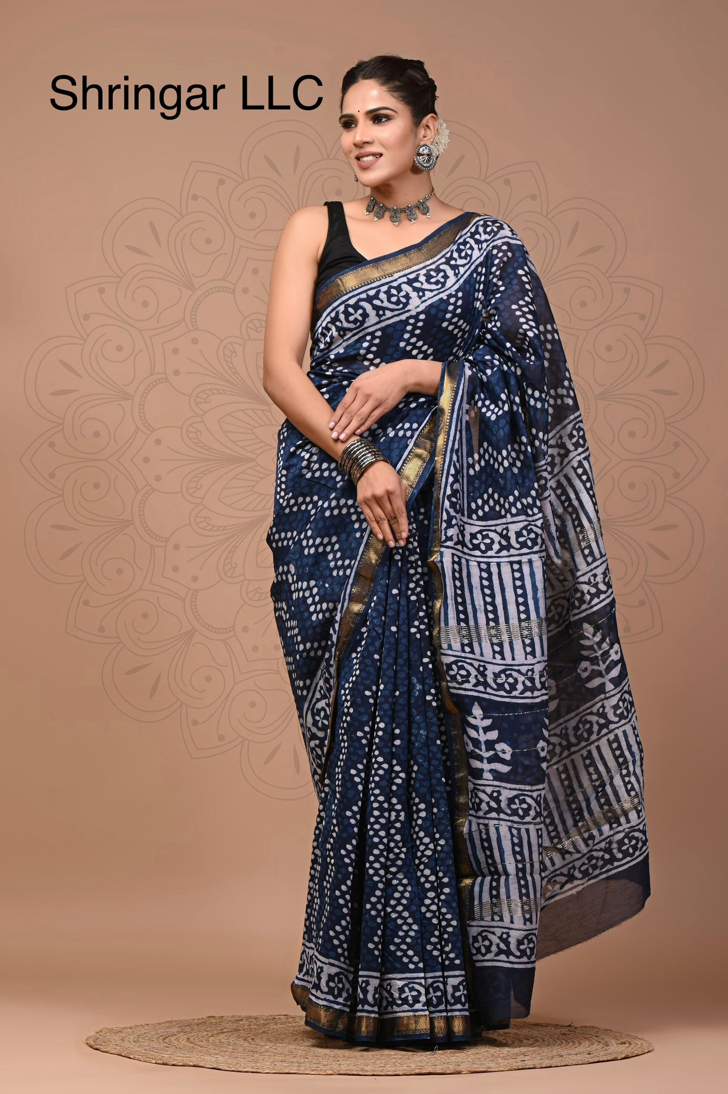 Indigo Bloom: Handblock Printed Maheshwari Silk Saree