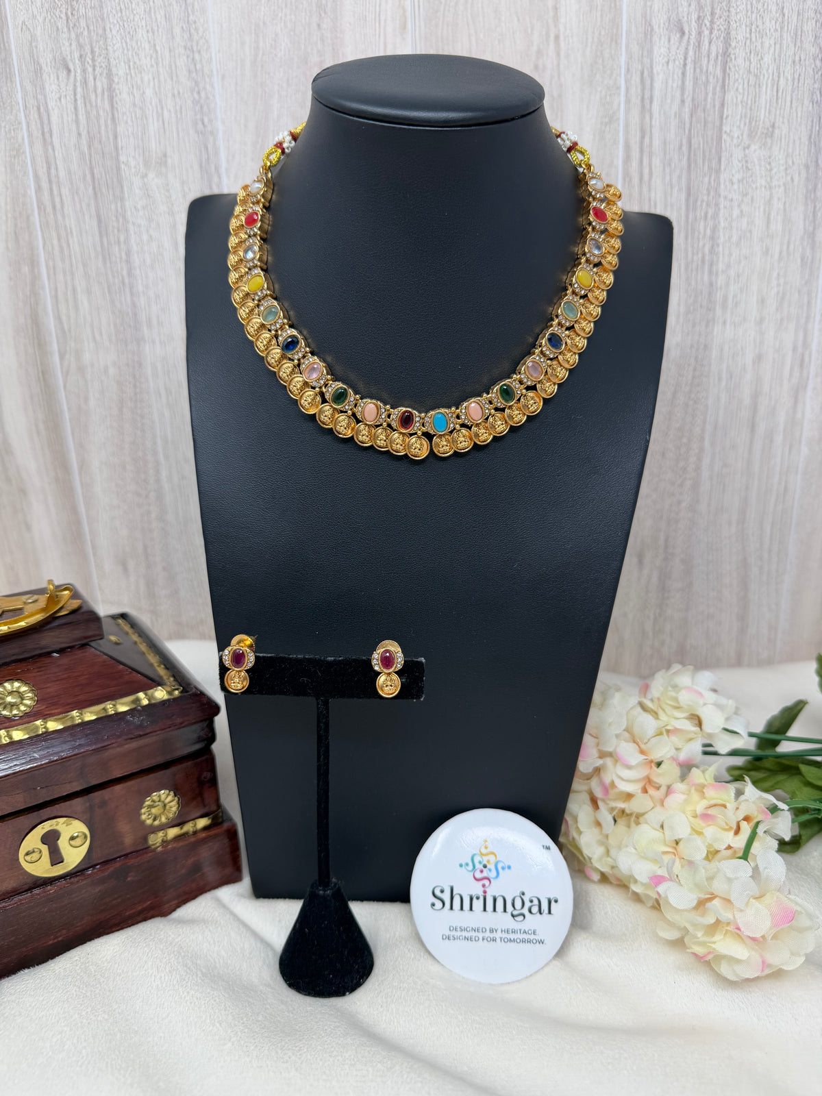 Antique Navratna necklace earring set