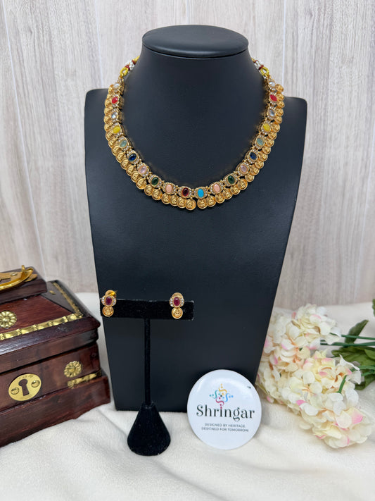 Antique Navratna necklace earring set