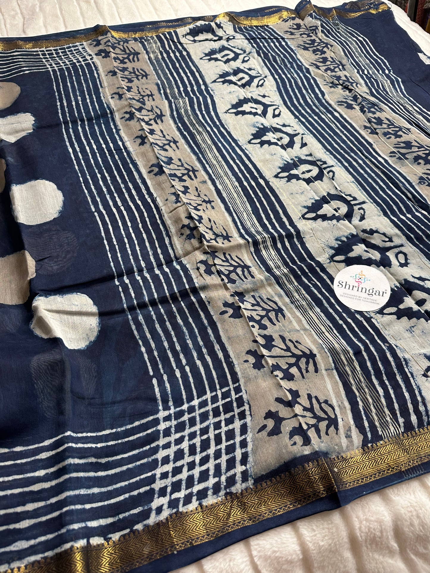 The Indigo Moonlit Hand-block printed Maheswari silk Saree