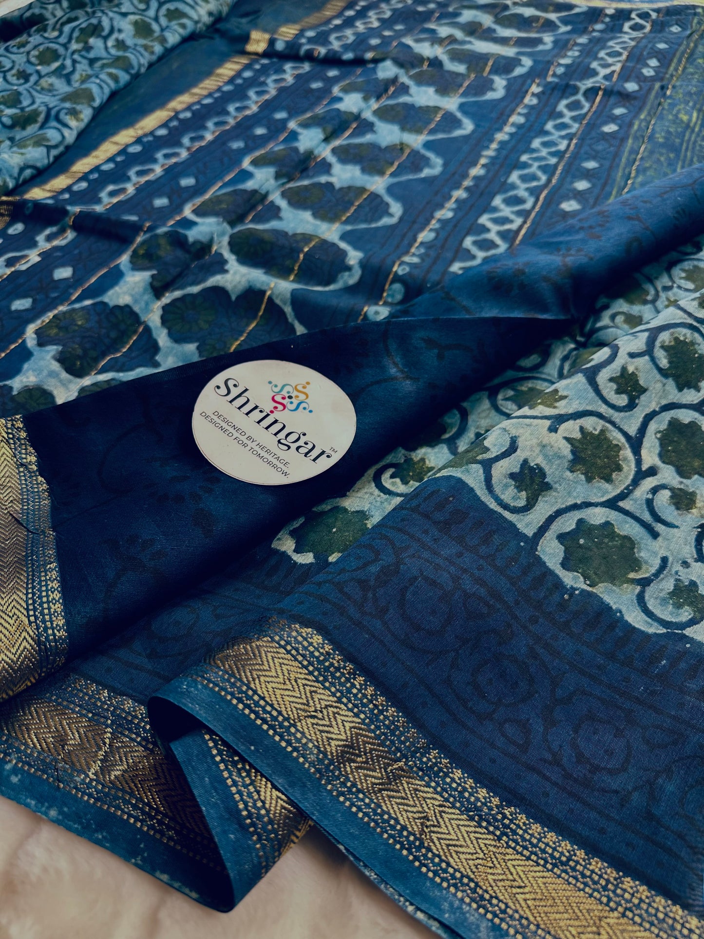 The Indigo Heritage
Handblock Printed Maheshwari Silk Saree