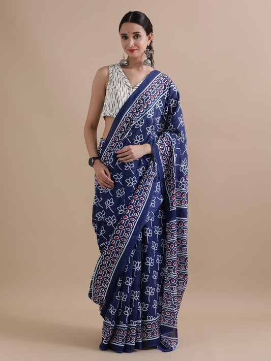 Pure Mulcotton Saree-Indigo blue