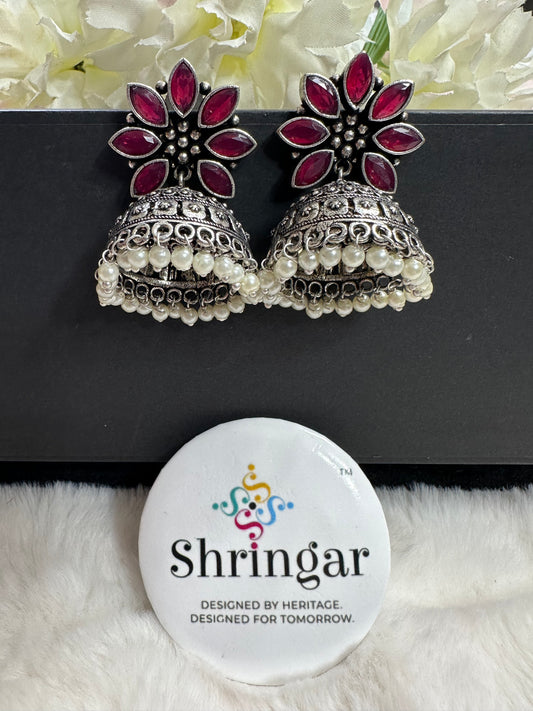 Oxidized silver Jhumki- Ruby Pink
