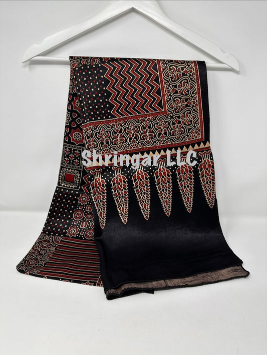 Hand-Block Printed Ajrakh Mashru Silk Stole- Black 01