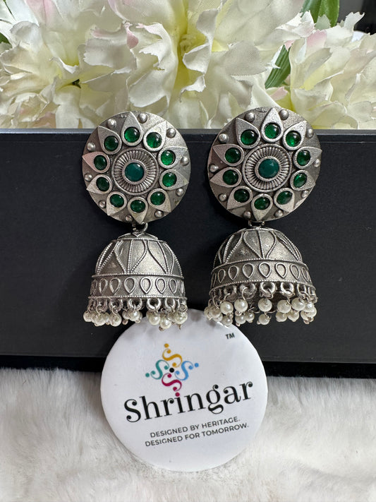Oxidized silver Jhumki- green