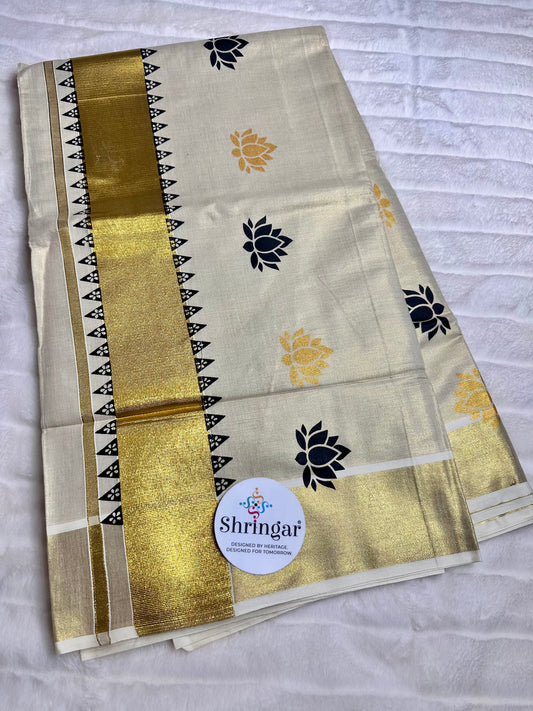 Kerala Saree with black and gold lotus motifs