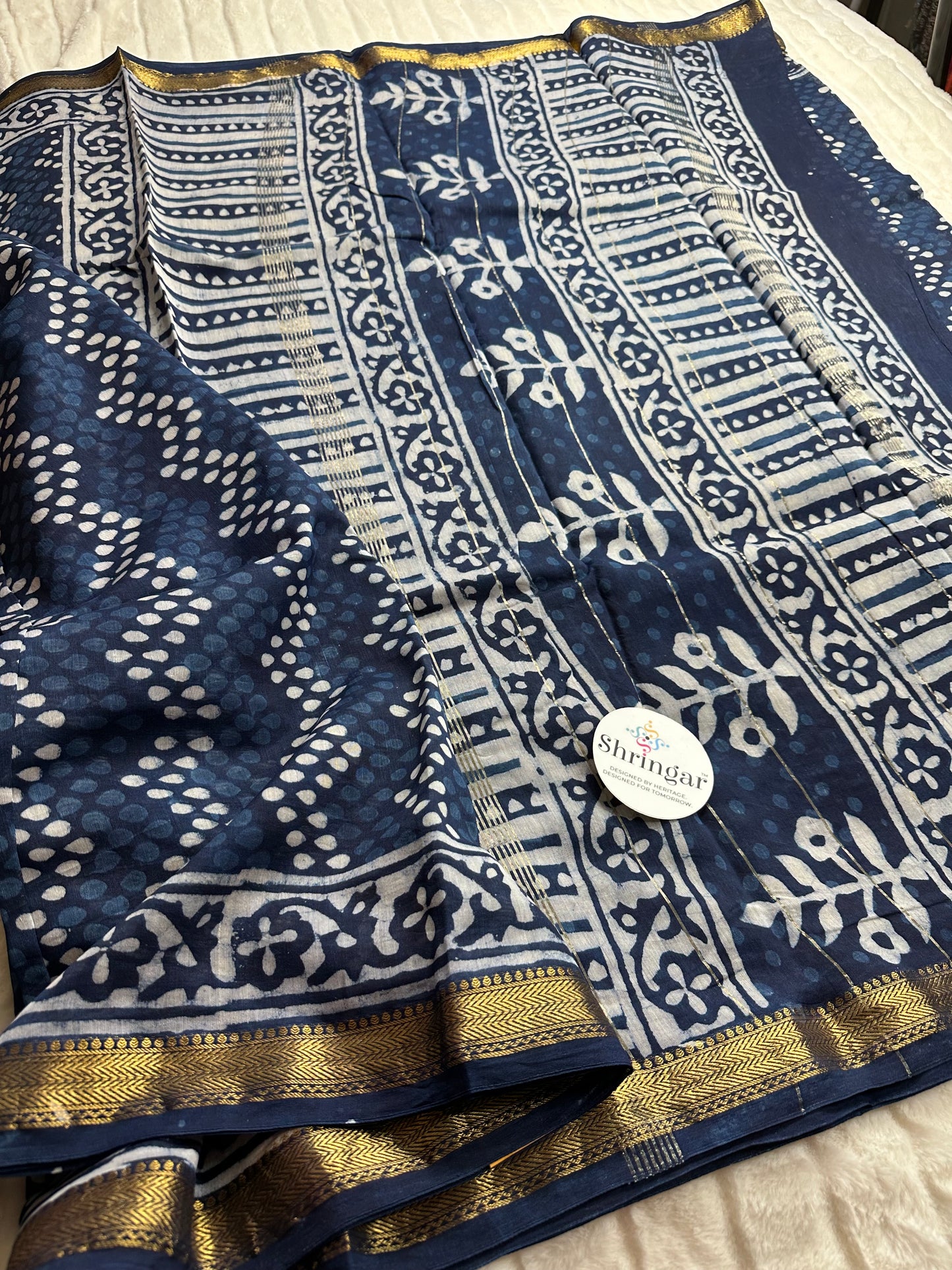 Indigo Bloom: Handblock Printed Maheshwari Silk Saree