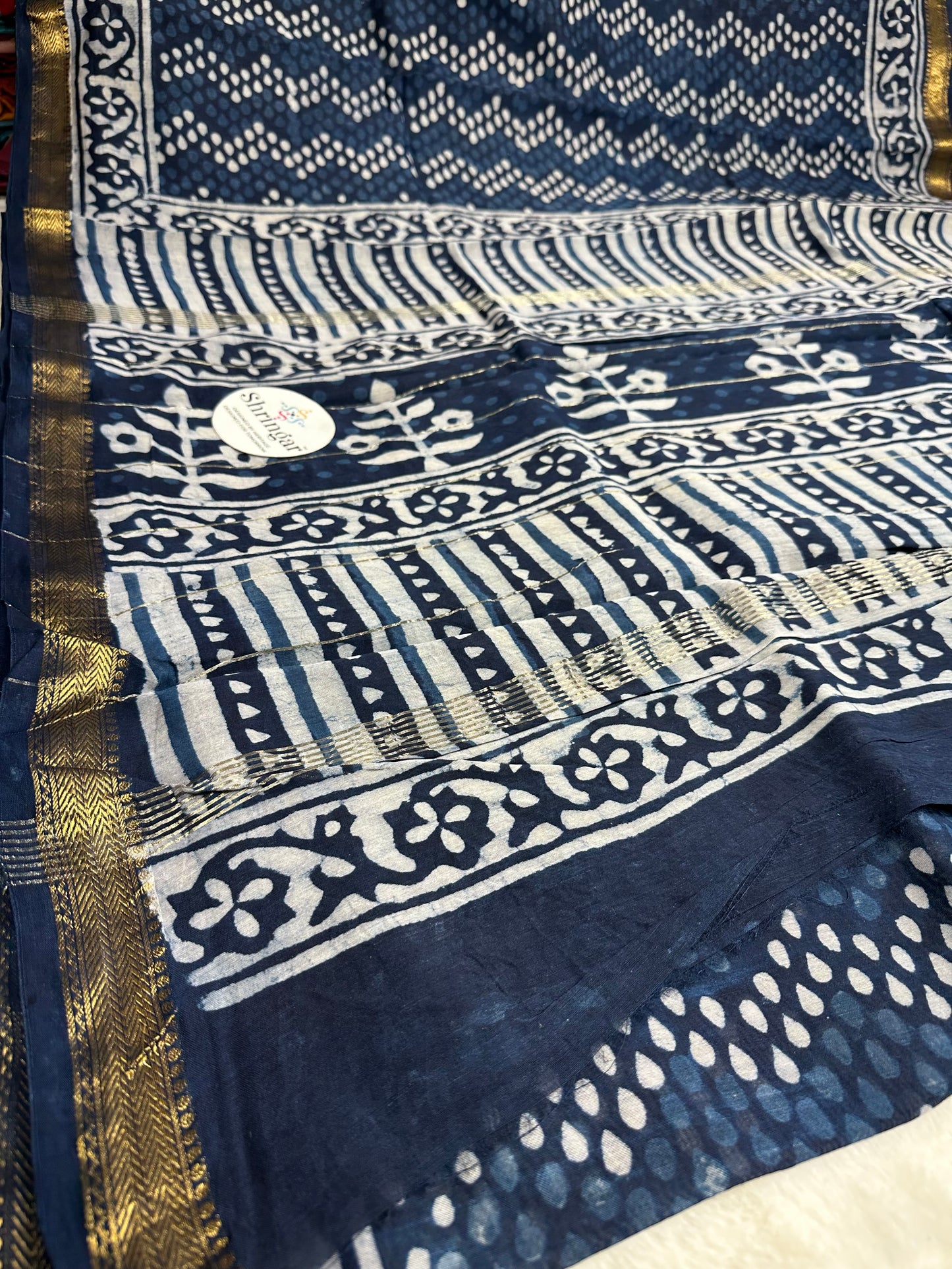 Indigo Bloom: Handblock Printed Maheshwari Silk Saree