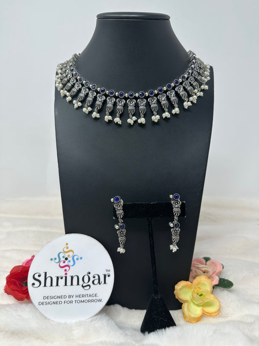 Oxidized Necklace Earrings Set-Blue