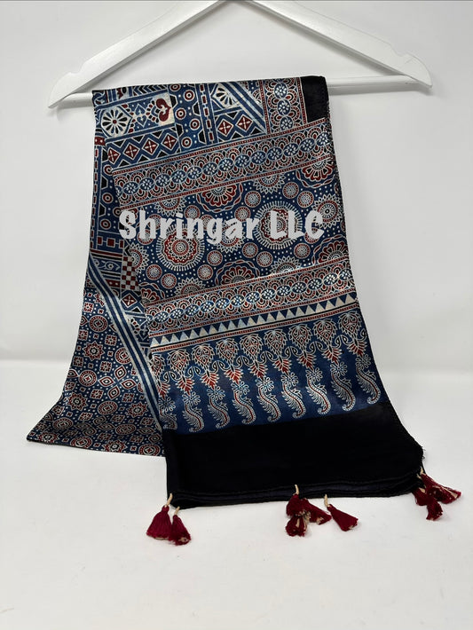 Hand-Block Printed Ajrakh Mashru Silk Stole- Blue 1