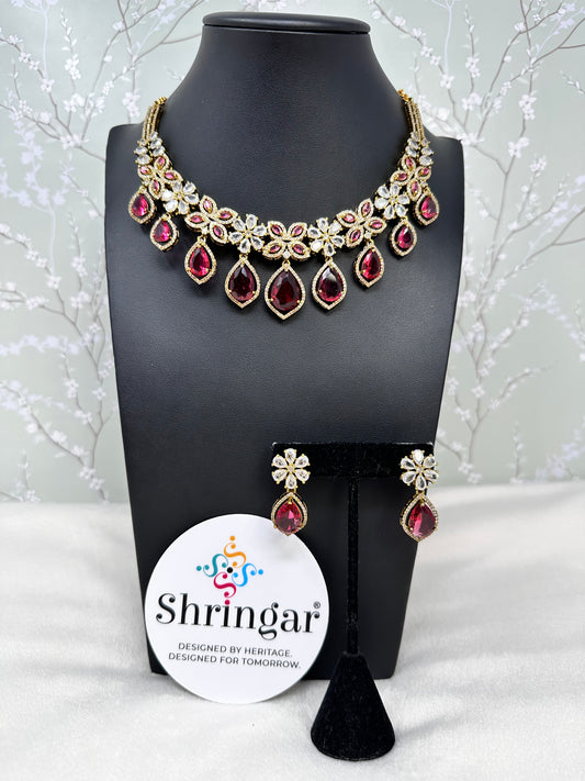 Royal Ruby & Gold Floral Necklace Set