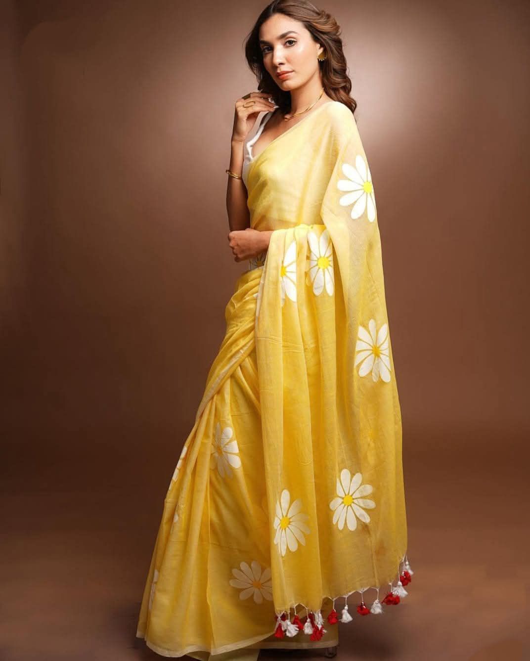 Flower Cotton Linen Saree