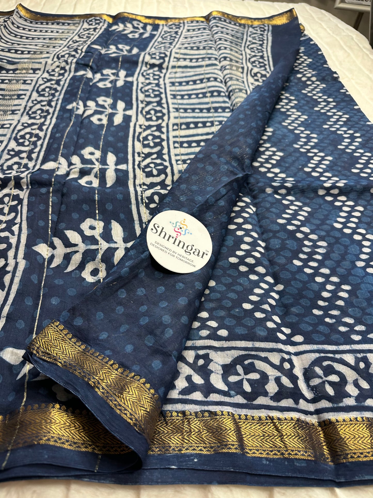 Indigo Bloom: Handblock Printed Maheshwari Silk Saree