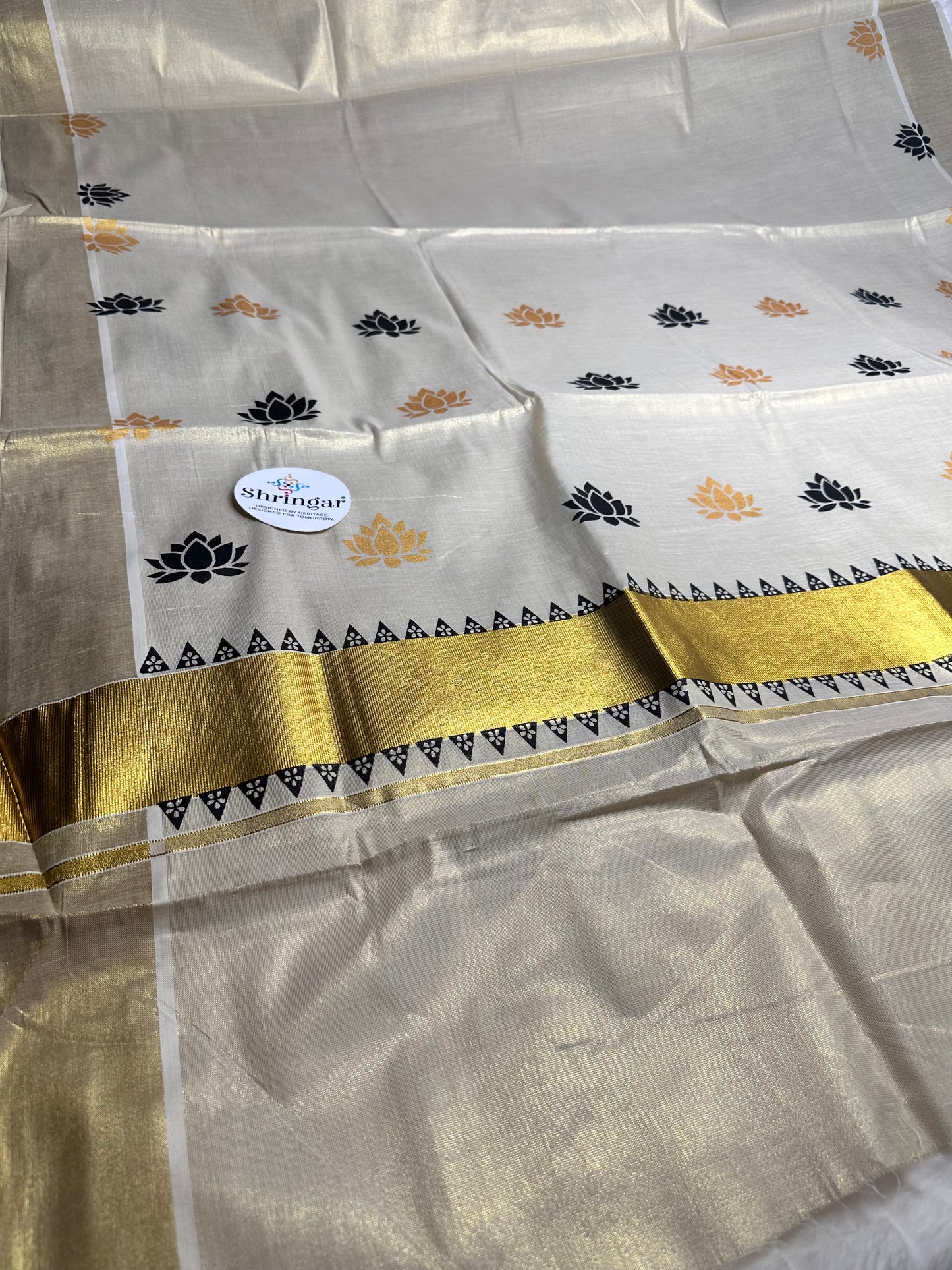 Kerala Saree with black and gold lotus motifs