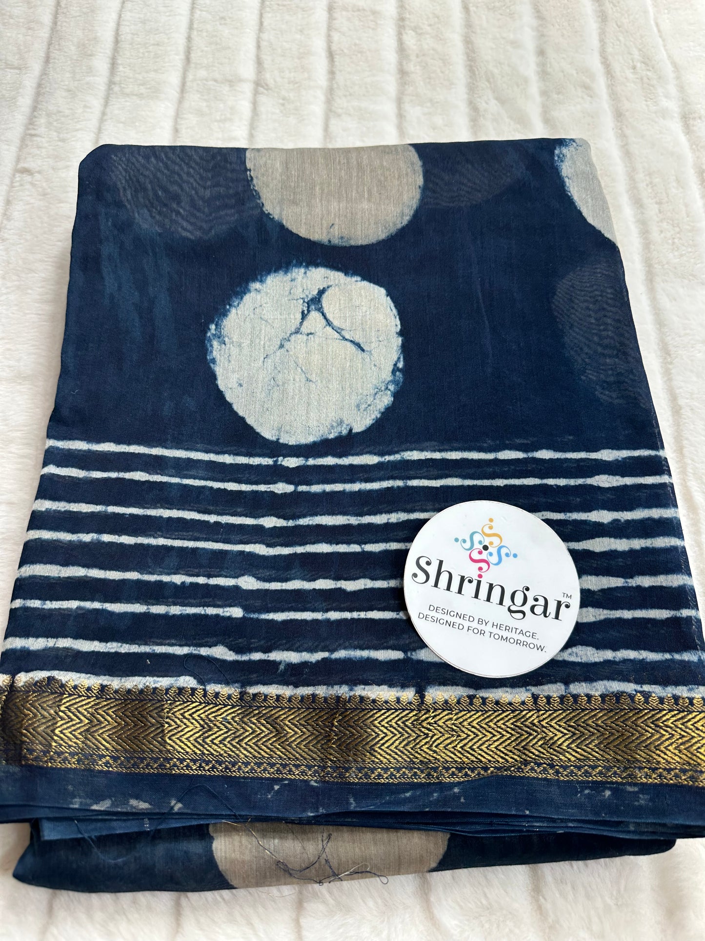 The Indigo Moonlit Hand-block printed Maheswari silk Saree