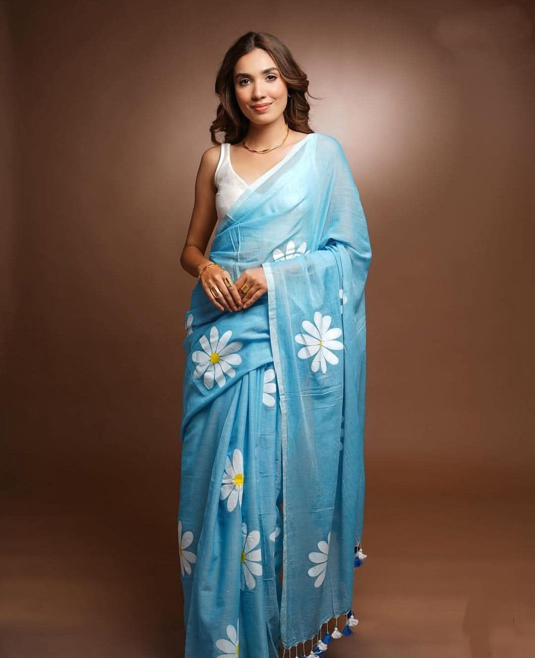 Flower Cotton Linen Saree-Blue