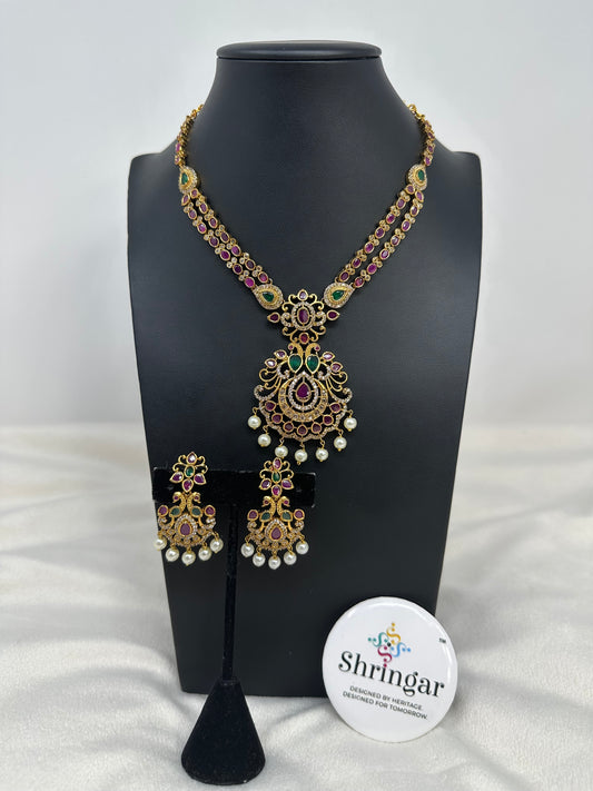 Pink and Green Peacock Necklace Earring Set