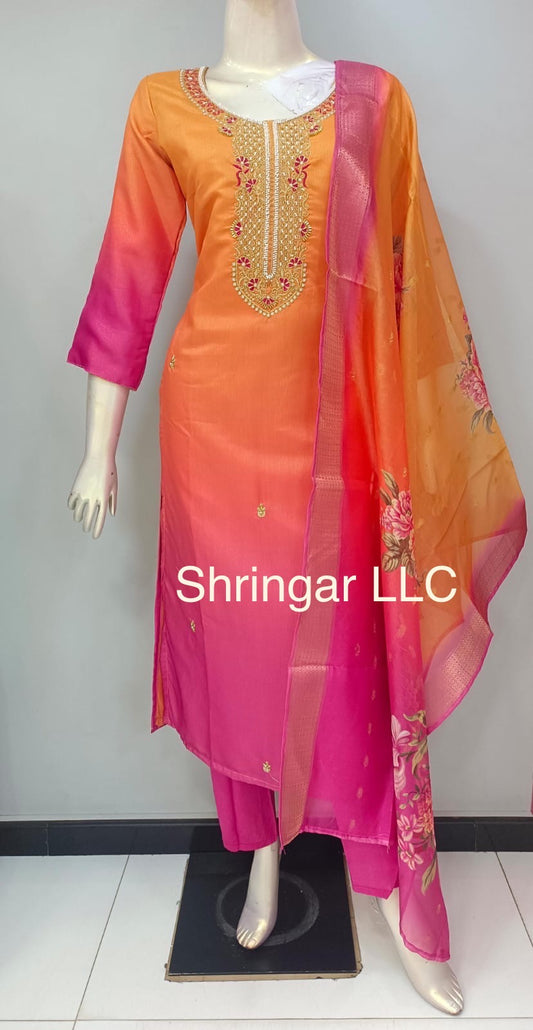 Pink and Orange Salwar Suit with Matching Pants and Dupatta
