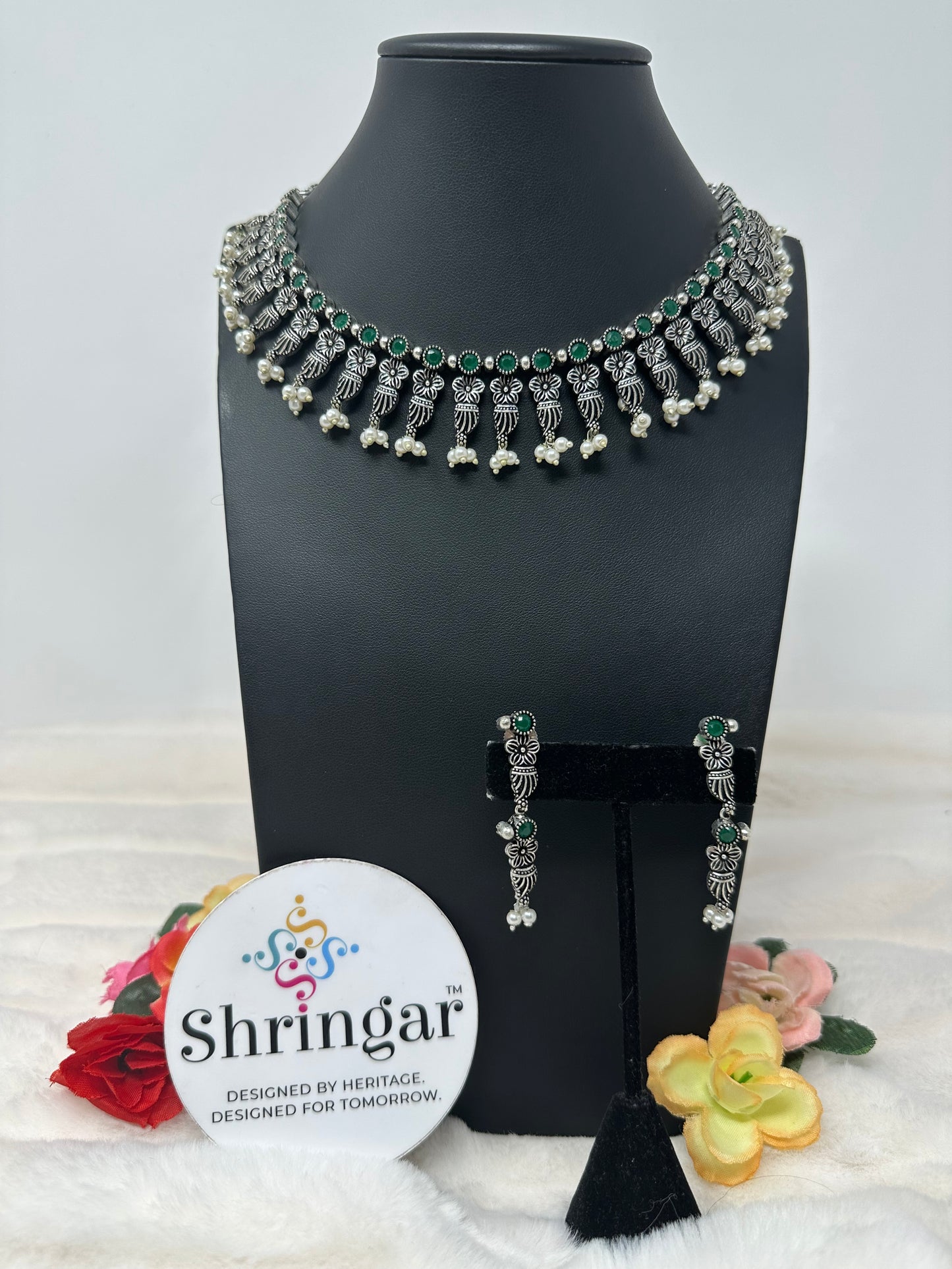 Oxidized Necklace Earrings Set-Green