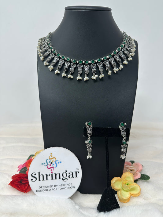 Oxidized Necklace Earrings Set-Green