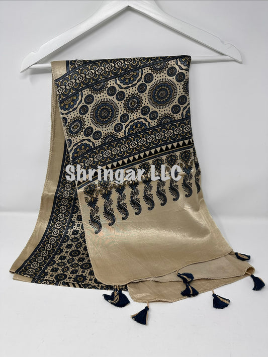 Ajrakh Hand Block Printed Mashru Silk Stole- Earthy -02