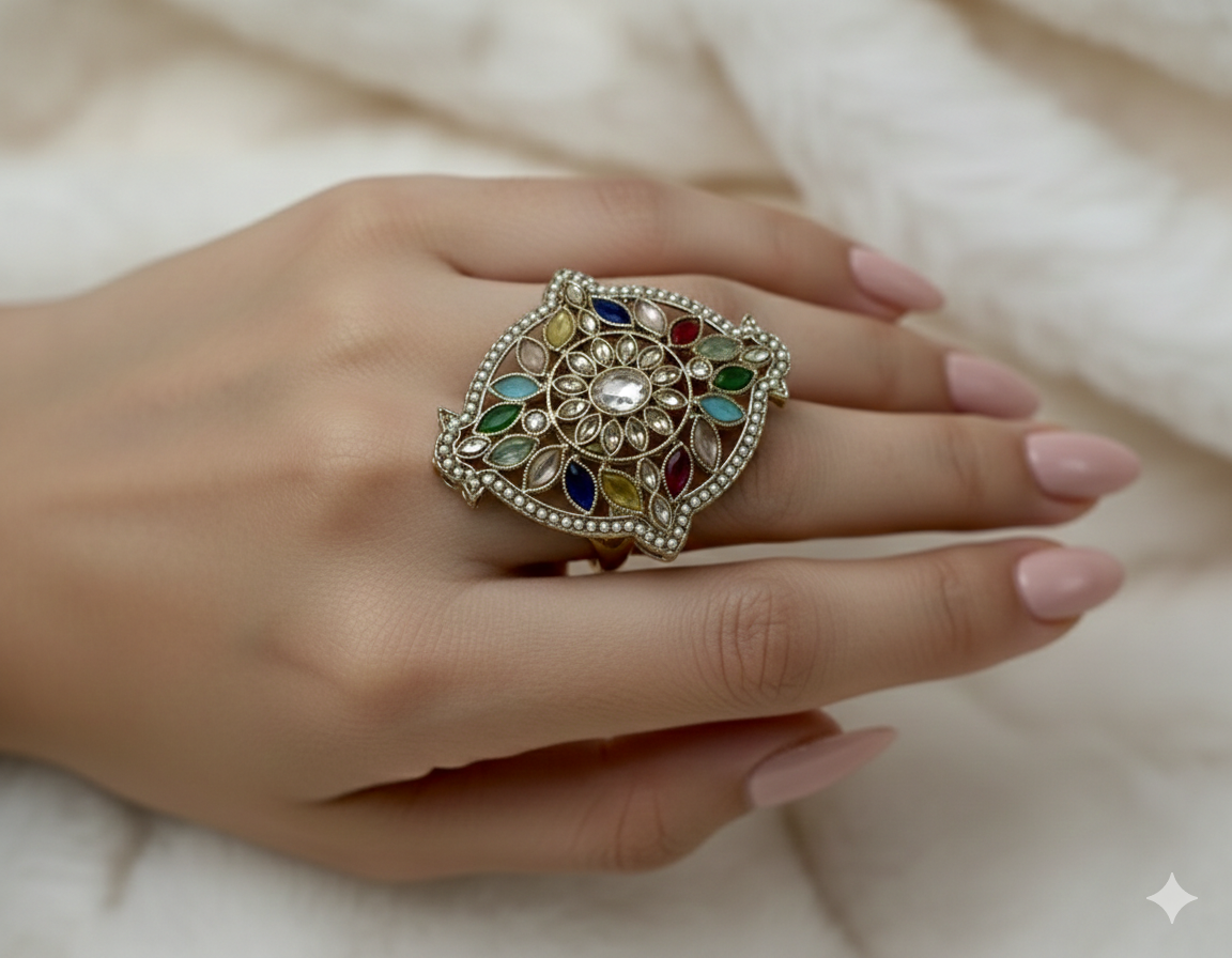 Multicolored Navratna-Inspired Statement Ring