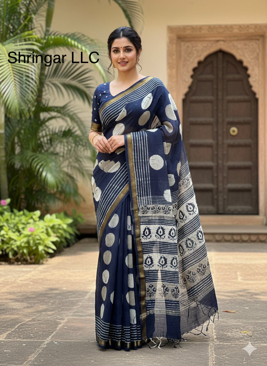 The Indigo Moonlit Hand-block printed Maheswari silk Saree