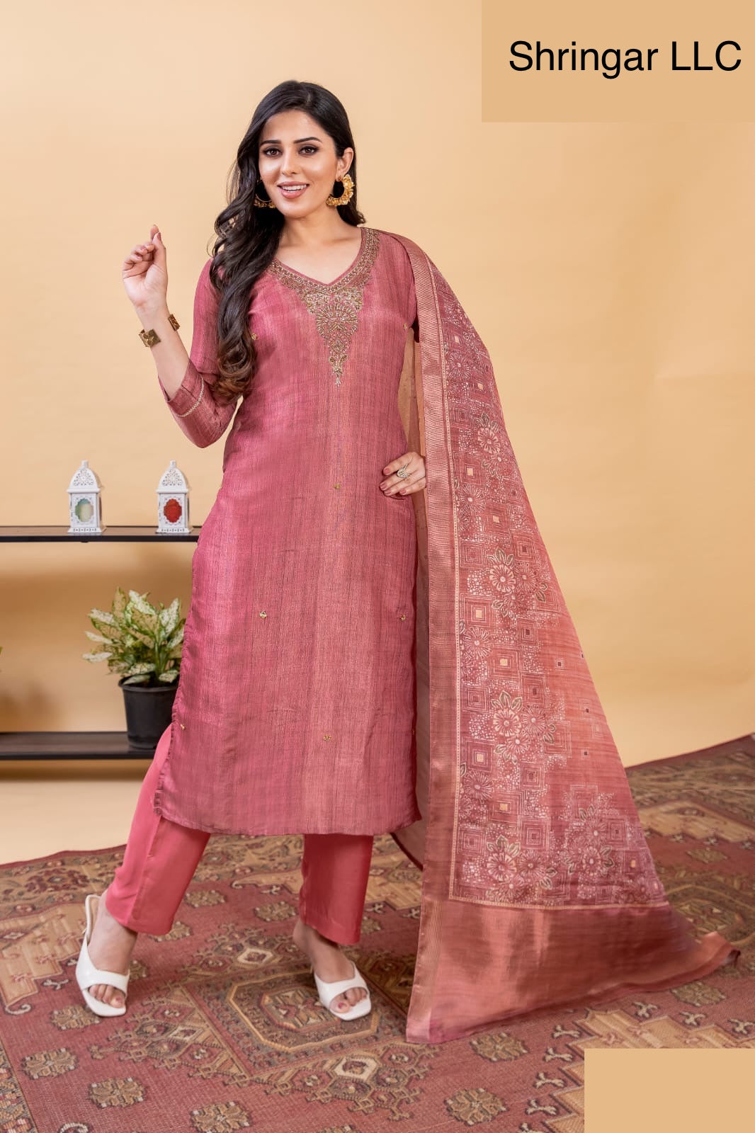 Onion Pink Salwar Suit with Stonework and Matching Dupatta and Pants