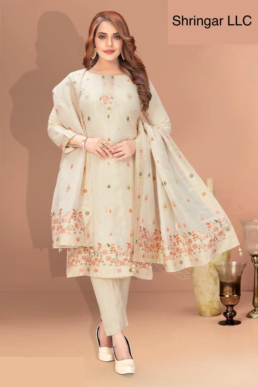 White Salwar Suit Set with Multicolored Floral Embroidery and Matching Dupatta and Pants