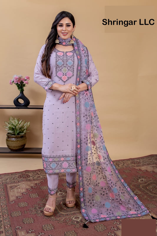 Light Purple Salwar Suit with Black Embroidery and Multicolored Flowers