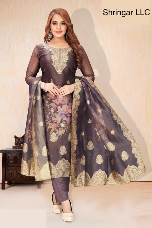 Dark Lavender Salwar Suit set with Floral designs and Matching Dupatta and Pants