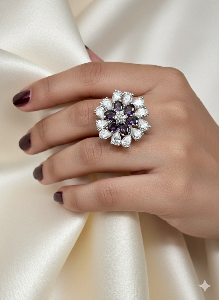 Amethyst & cubic-Zirconia Floral Statement Ring