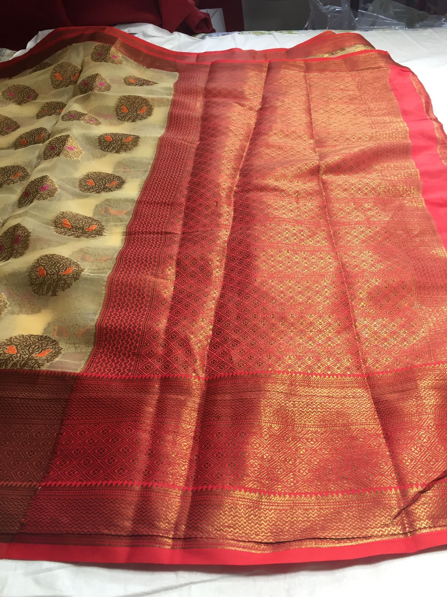 Organza saree with Kanchi border and brocade blouse fabric