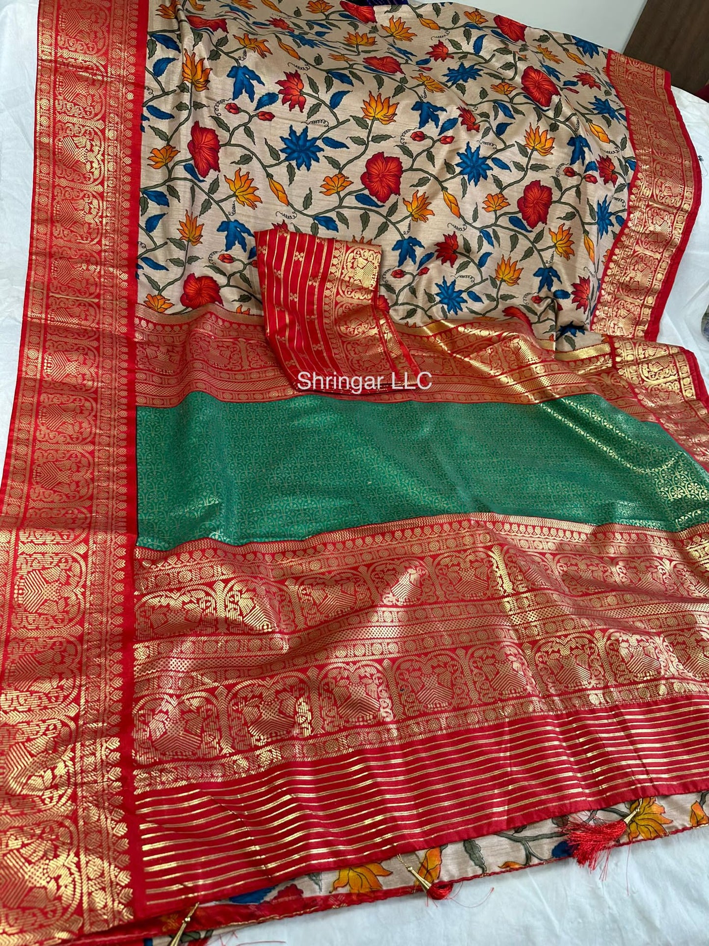 Soft Dola Silk Saree with all over rich floral kalamkari prints