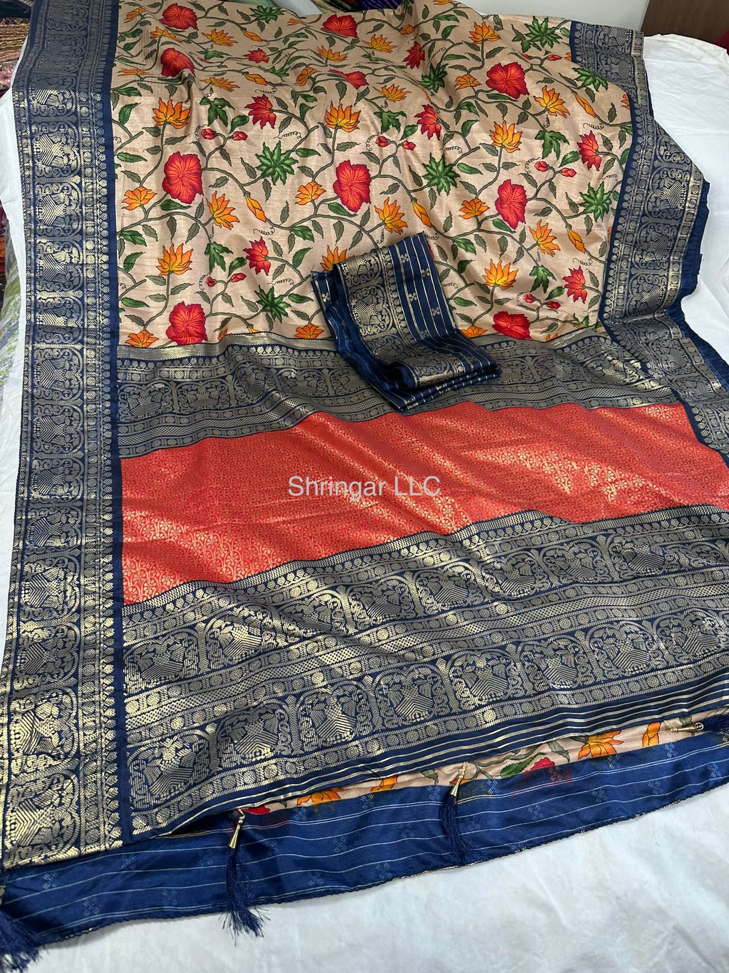 Soft Dola Silk Saree with all over rich floral kalamkari prints