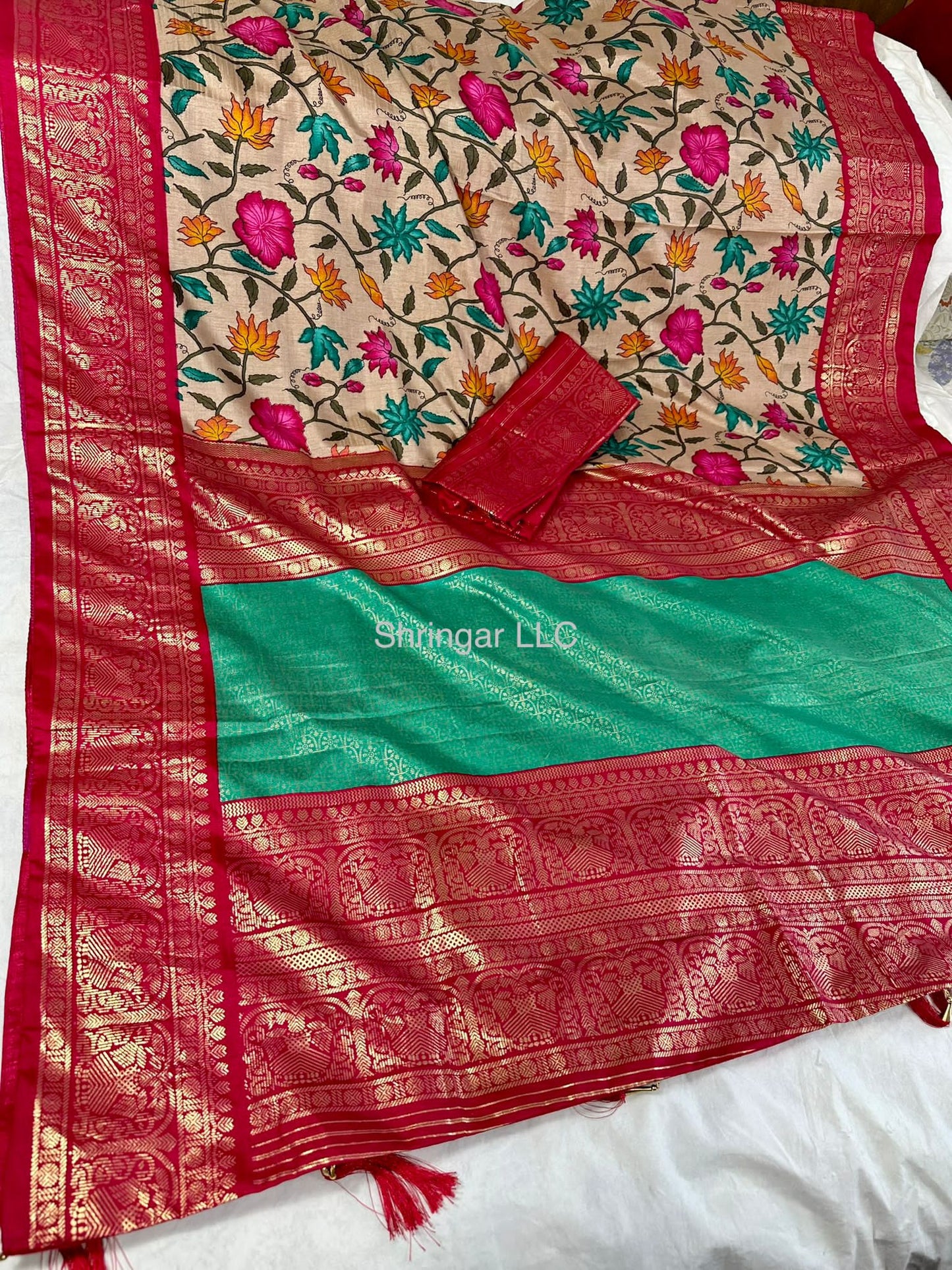 Soft Dola Silk Saree with all over rich floral kalamkari prints