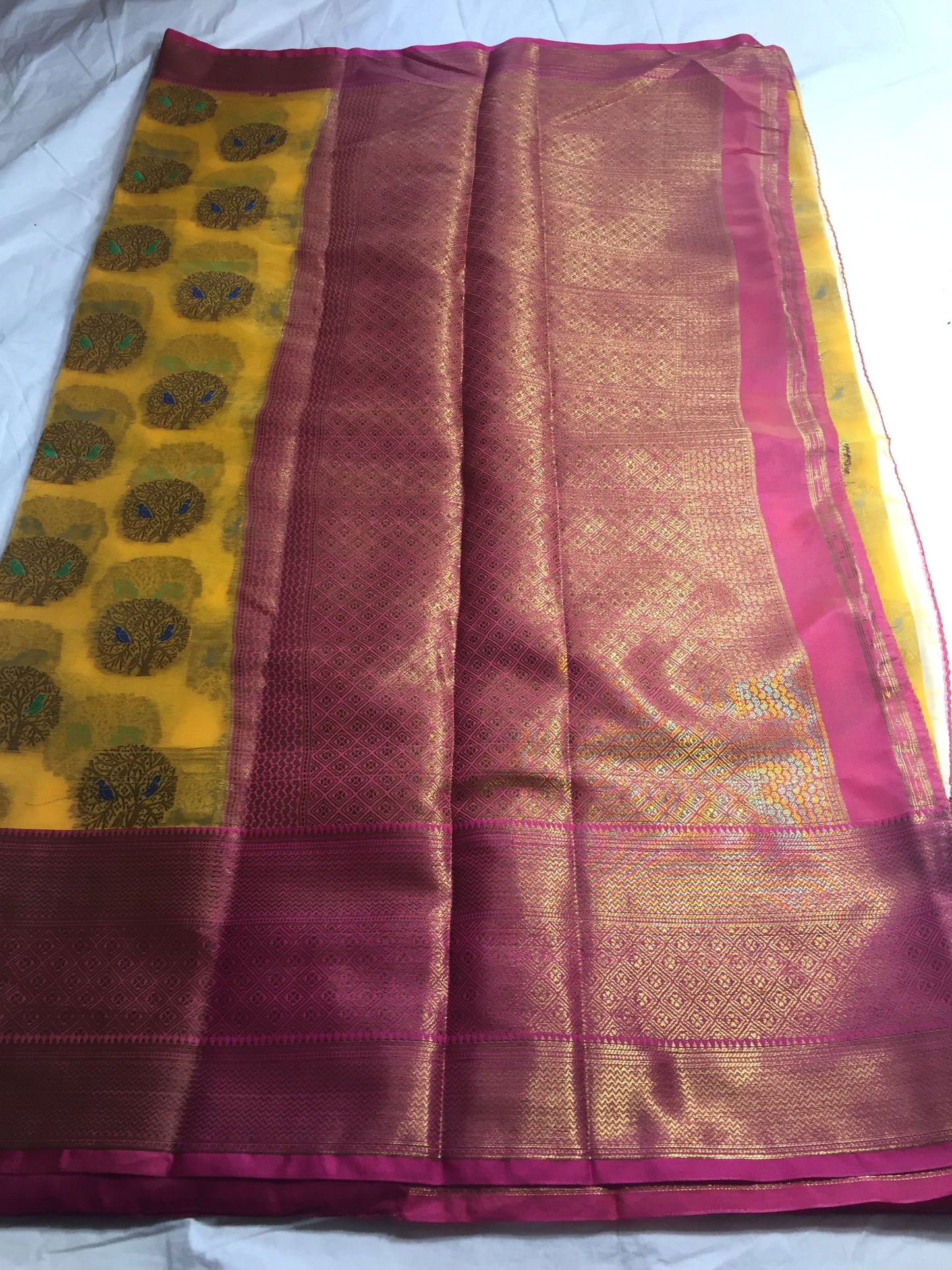 Organza saree with Kanchi border and brocade blouse fabric