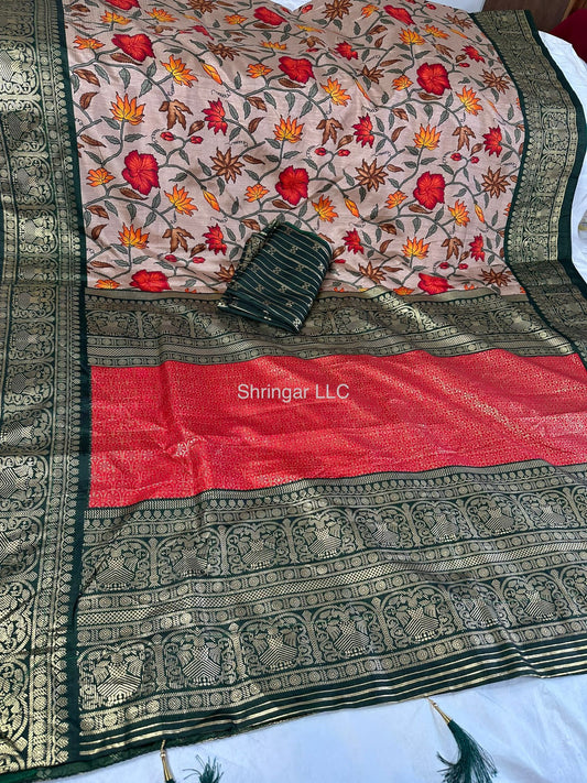 Soft Dola Silk Saree with all over rich floral kalamkari prints